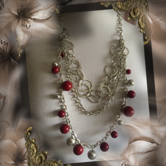 Red and silver circles long layers trendy necklace - Picture 1 of 5